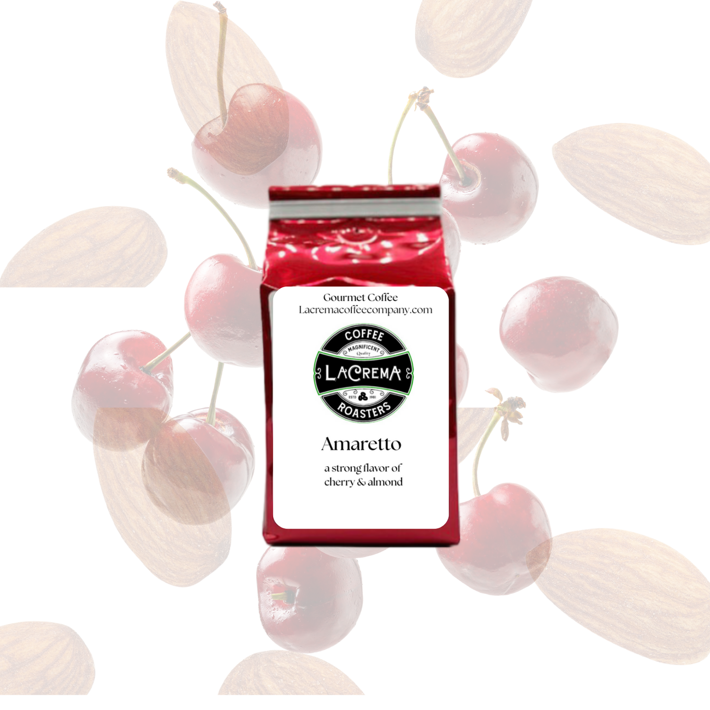 Amaretto flavored coffee – smooth and aromatic with sweet almond liqueur flavor. Vegan, sugar-free, keto-friendly, and available in decaf.