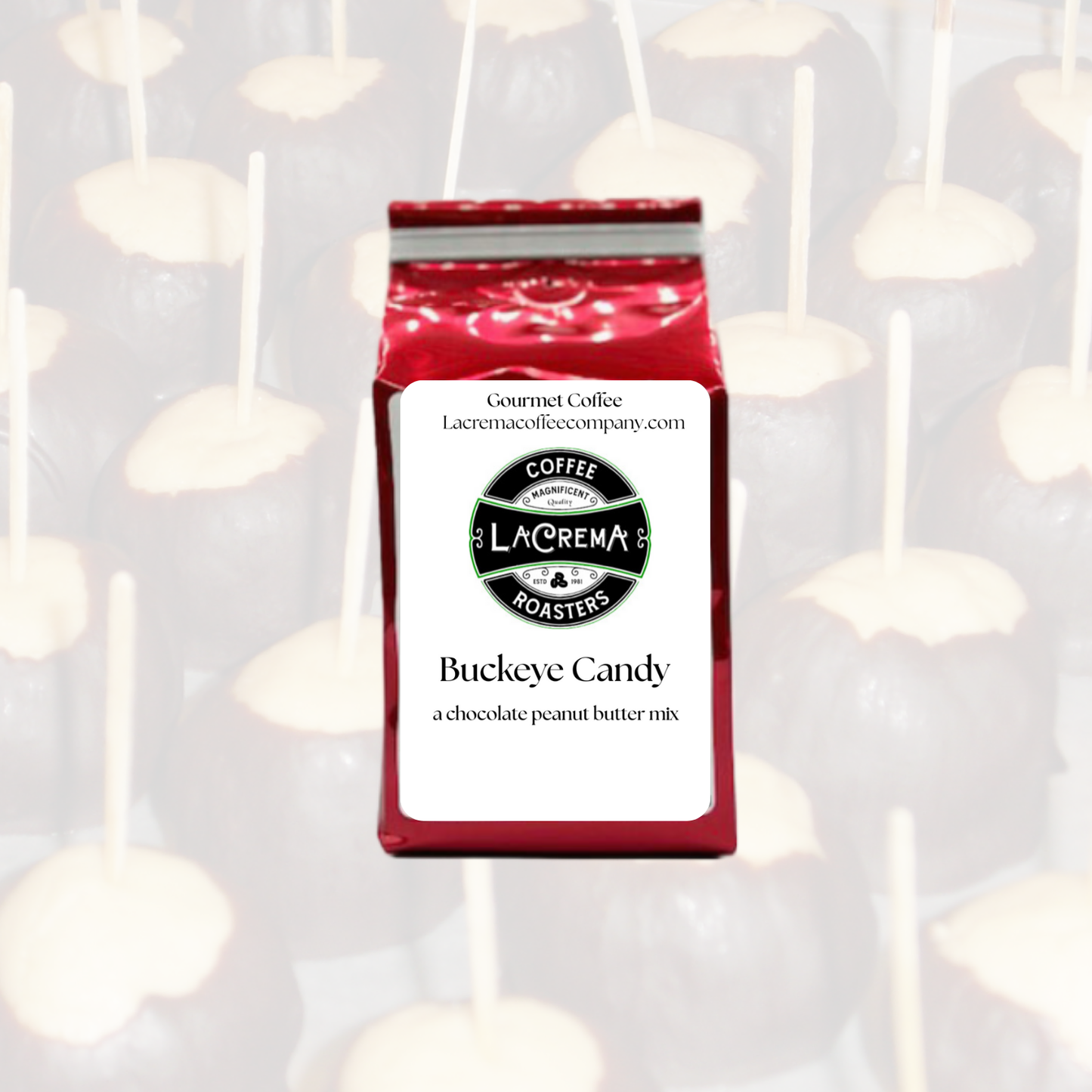 Buckeye Candy flavored coffee – rich chocolate and creamy peanut butter flavor in every sip. Vegan, sugar-free, keto-friendly, decaf available.
