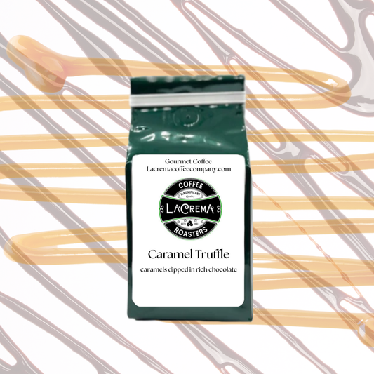 Caramel Truffle flavored coffee – rich, smooth, and indulgent with creamy caramel and chocolate notes. Vegan, sugar-free, decaf available.