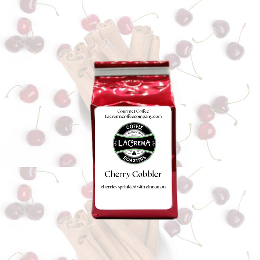 Cherry Cobbler flavored coffee – sweet, fruity, and bakery-inspired with notes of ripe cherries and golden crust. Vegan, sugar-free, decaf available.