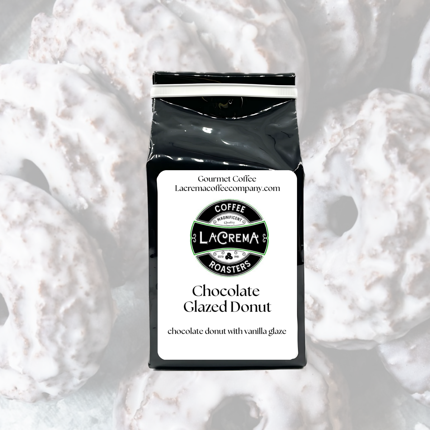 Chocolate Glazed Donut flavored coffee – sweet, rich, and bakery-inspired with notes of chocolate frosting and fresh donut. Vegan, sugar-free, decaf available.