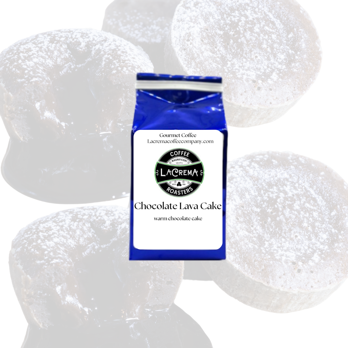 LaCrema Coffee – bag of Chocolate Lava Cake flavored ground coffee, a rich, indulgent dessert coffee available in regular and decaf