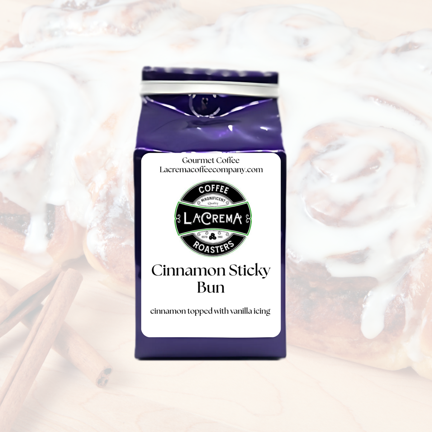 Cinnamon Sticky Bun flavored coffee – warm, sweet, and bakery-fresh with notes of cinnamon, brown sugar, and icing. Vegan, sugar-free, decaf available.