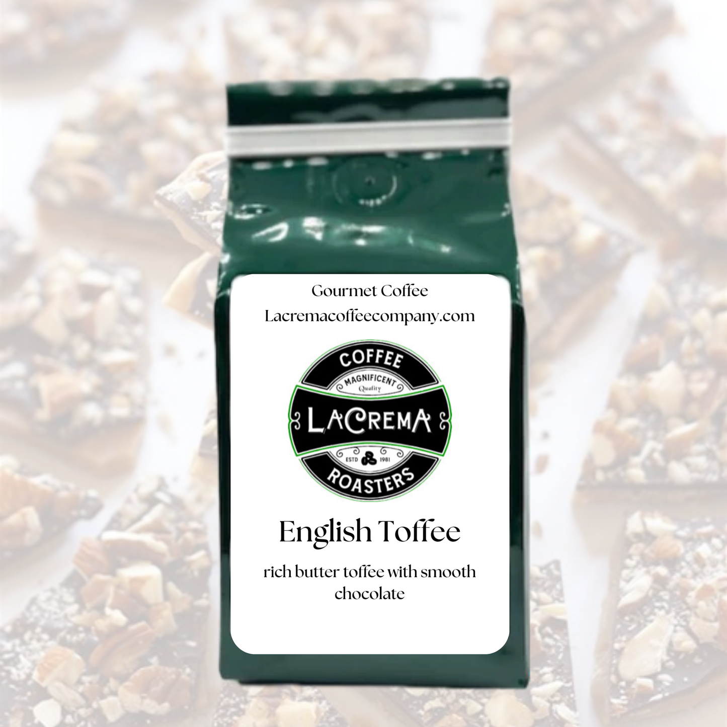 English Toffee flavored coffee – rich, buttery, and sweet with caramelized sugar notes. Vegan, sugar-free, keto-friendly, decaf available.