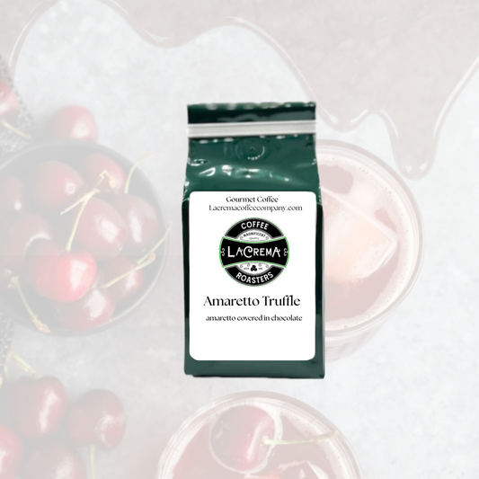 Amaretto Truffle flavored coffee – smooth, rich, and indulgent with notes of almond liqueur and chocolate. Vegan, sugar-free, decaf available.