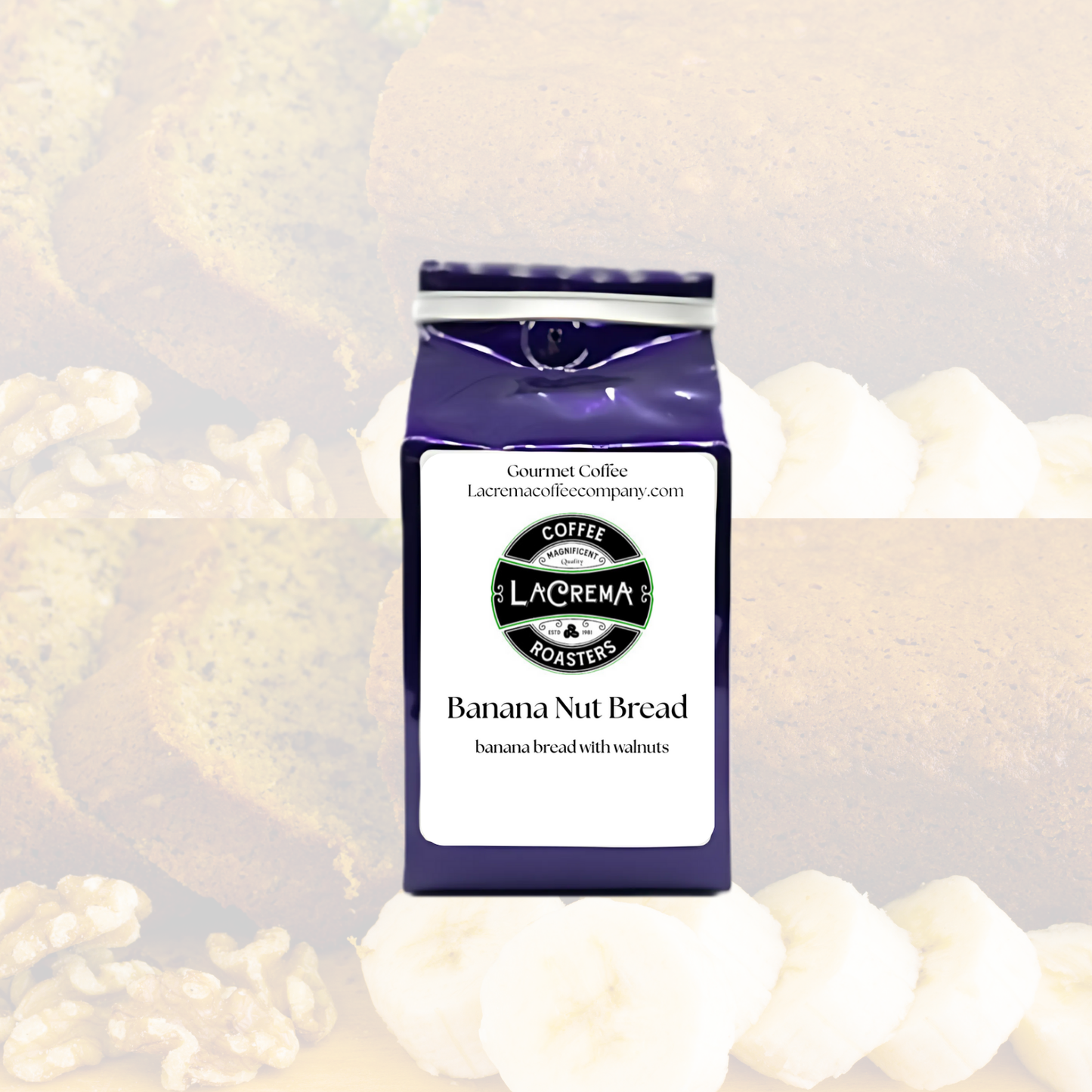 Banana Nut Bread flavored coffee – warm, nutty, and sweet with notes of ripe banana and baked spice. Vegan, sugar-free, keto-friendly, decaf available.
