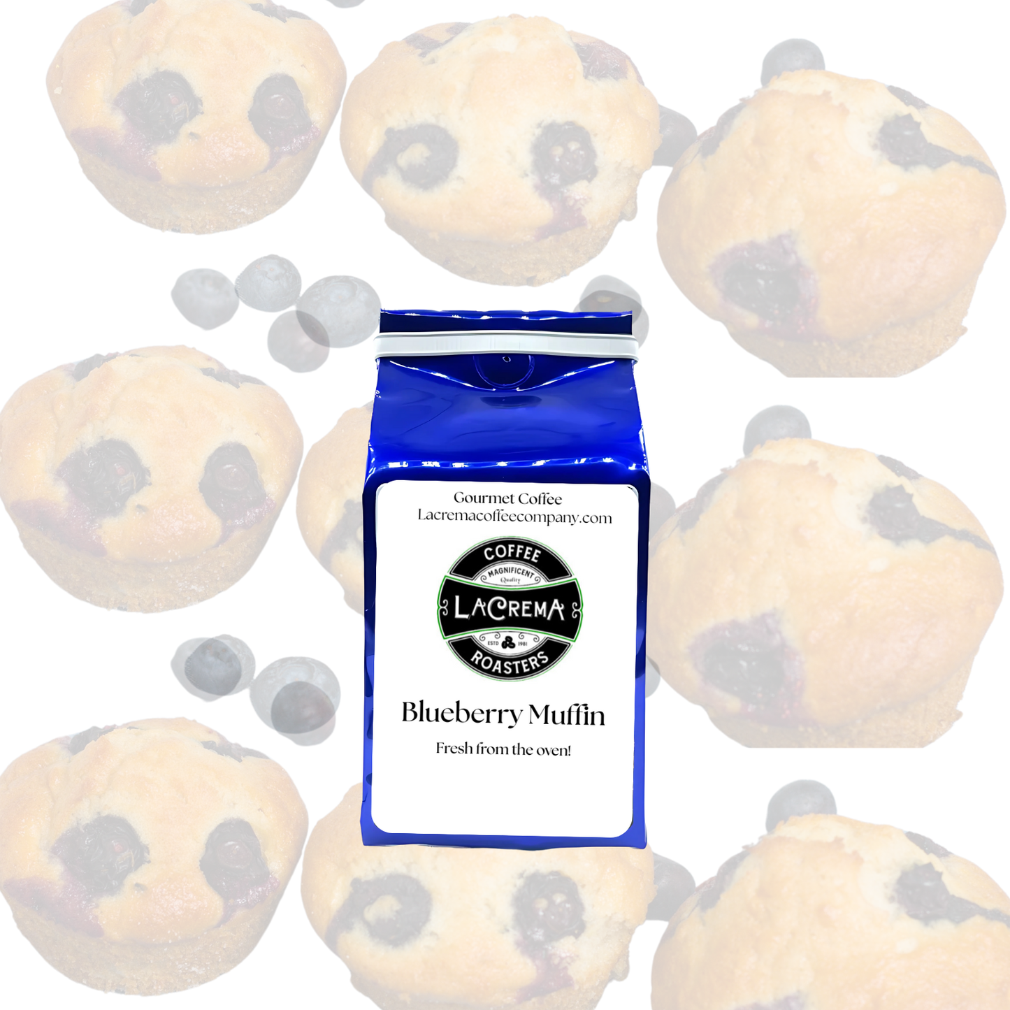 Blueberry Muffin flavored coffee – sweet, fruity, and bakery-fresh with notes of ripe blueberries and vanilla crumb. Vegan, sugar-free, decaf available.