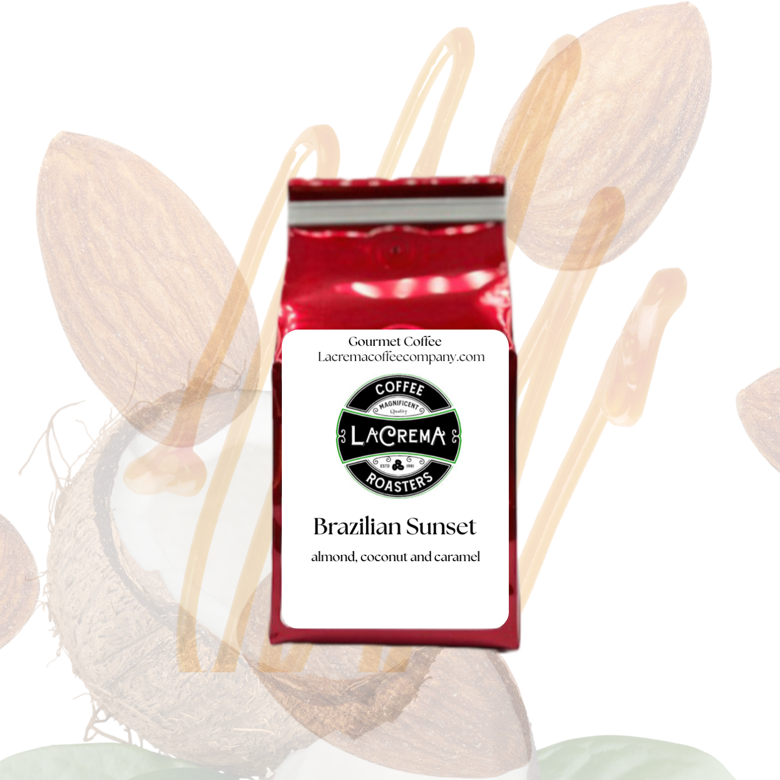 Brazilian Sunset flavored coffee – smooth and tropical with notes of caramel, coconut, and toasted almond. Vegan, sugar-free, decaf available.