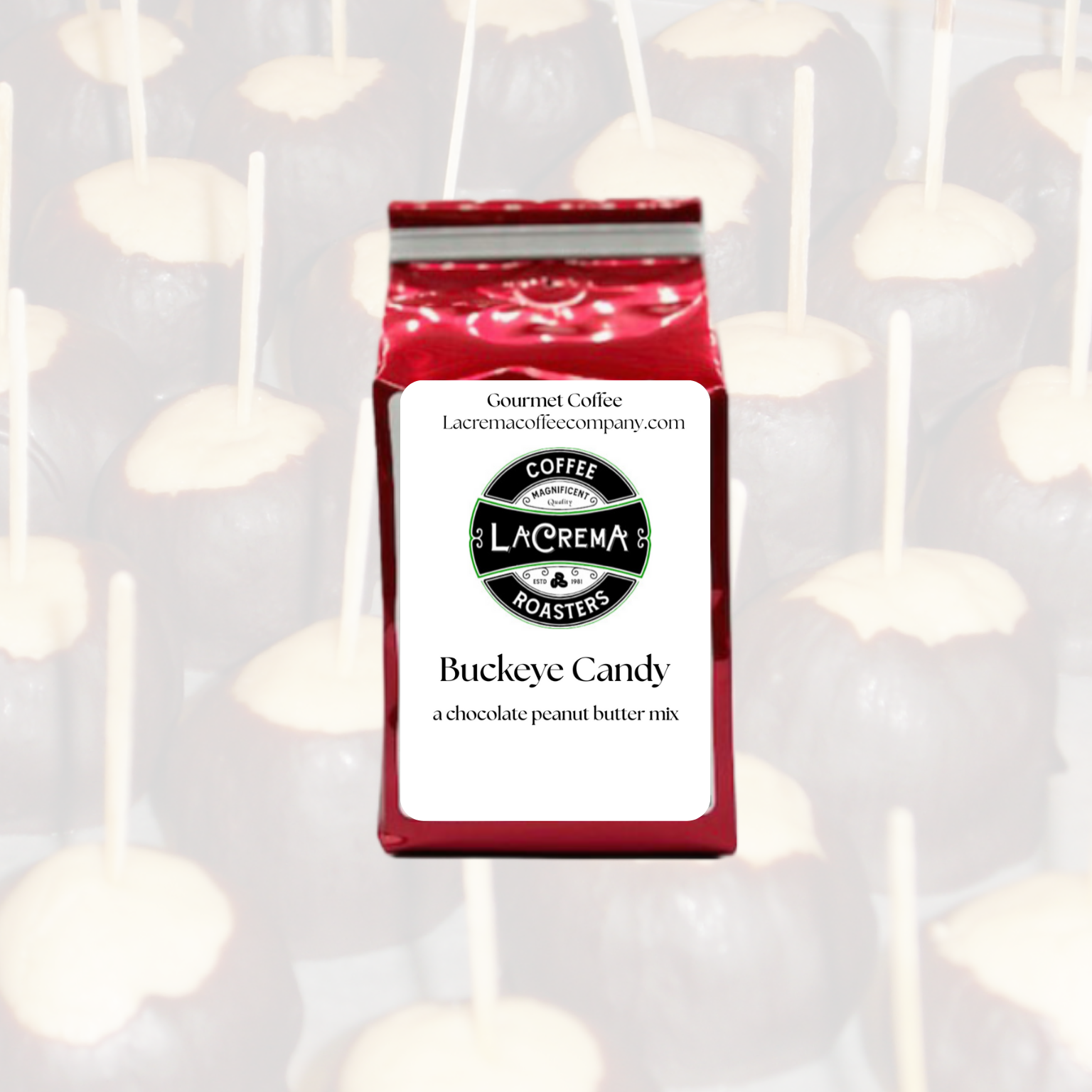 Buckeye Candy flavored coffee – rich chocolate and creamy peanut butter flavor in every sip. Vegan, sugar-free, keto-friendly, decaf available.