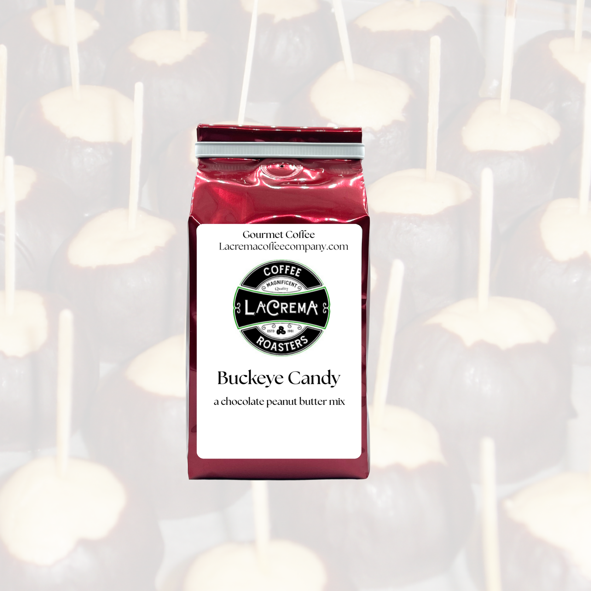 Buckeye Candy flavored coffee—rich chocolate and creamy peanut butter flavor in every sip. Vegan, sugar-free, keto-friendly, and decaf available.