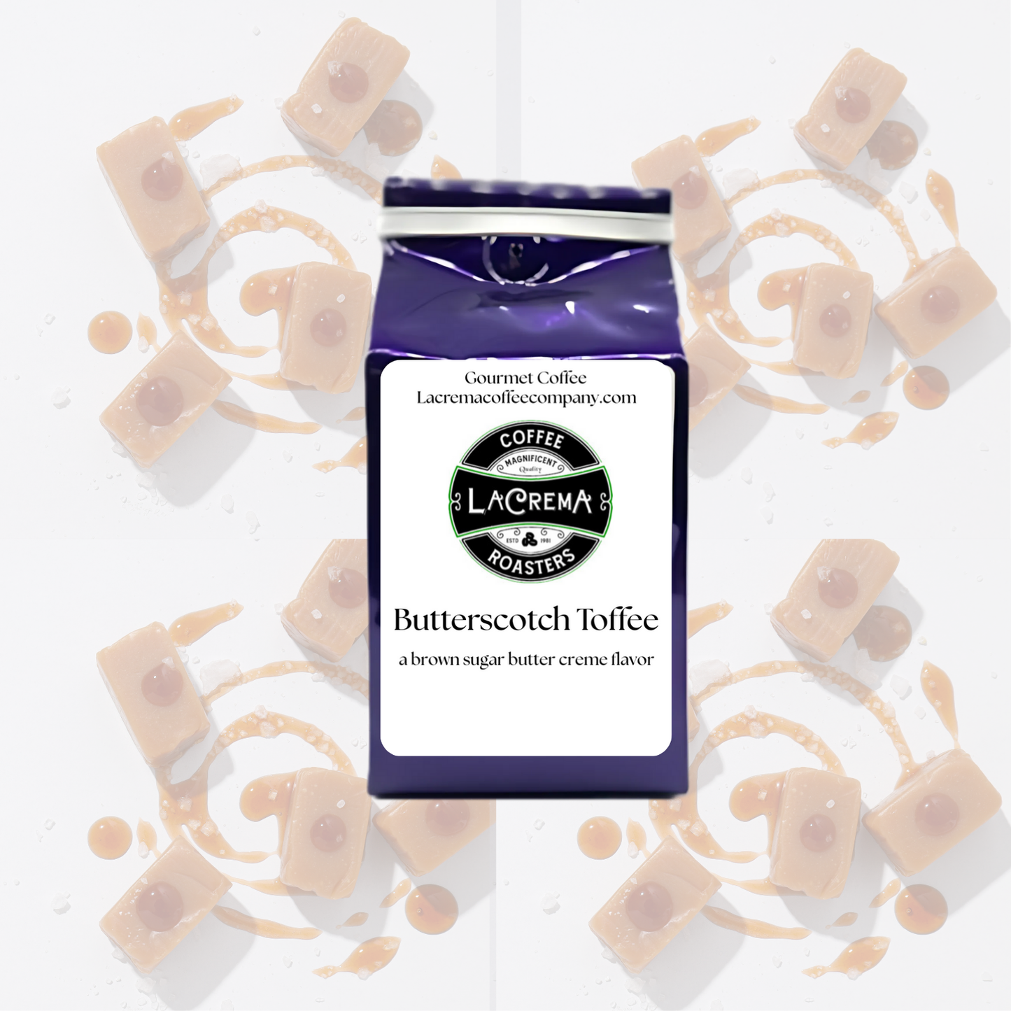 Butterscotch Toffee flavored coffee – buttery, sweet, and rich with classic candy shop flavor. Vegan, sugar-free, keto-friendly, decaf available.