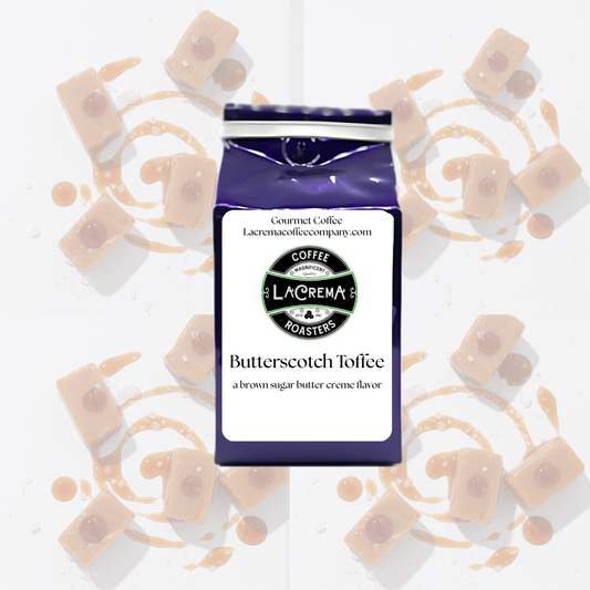 Butterscotch Toffee flavored coffee – buttery, sweet, and rich with classic candy shop flavor. Vegan, sugar-free, keto-friendly, decaf available.