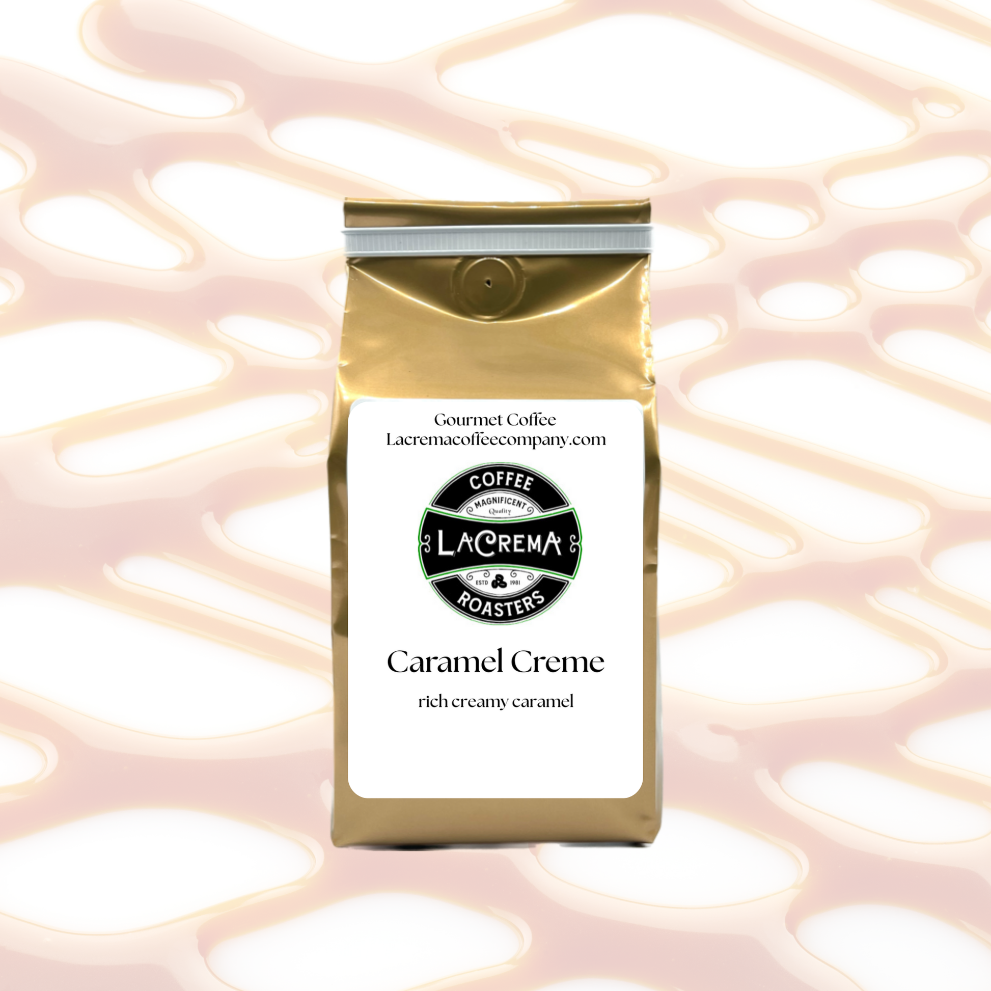 Caramel Crème flavored coffee – smooth, sweet, and creamy with rich caramel flavor. Vegan, sugar-free, keto-friendly, decaf available.