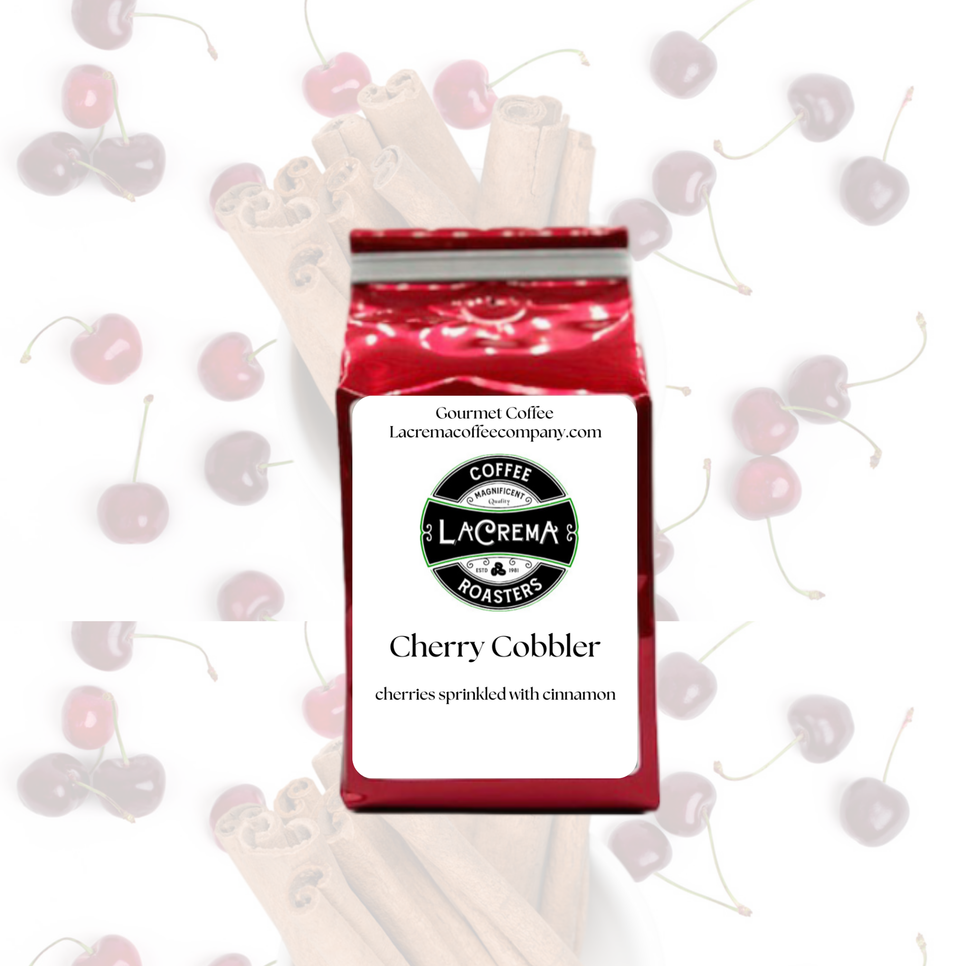 Cherry Cobbler flavored coffee – sweet, fruity, and bakery-inspired with notes of ripe cherries and golden crust. Vegan, sugar-free, decaf available.