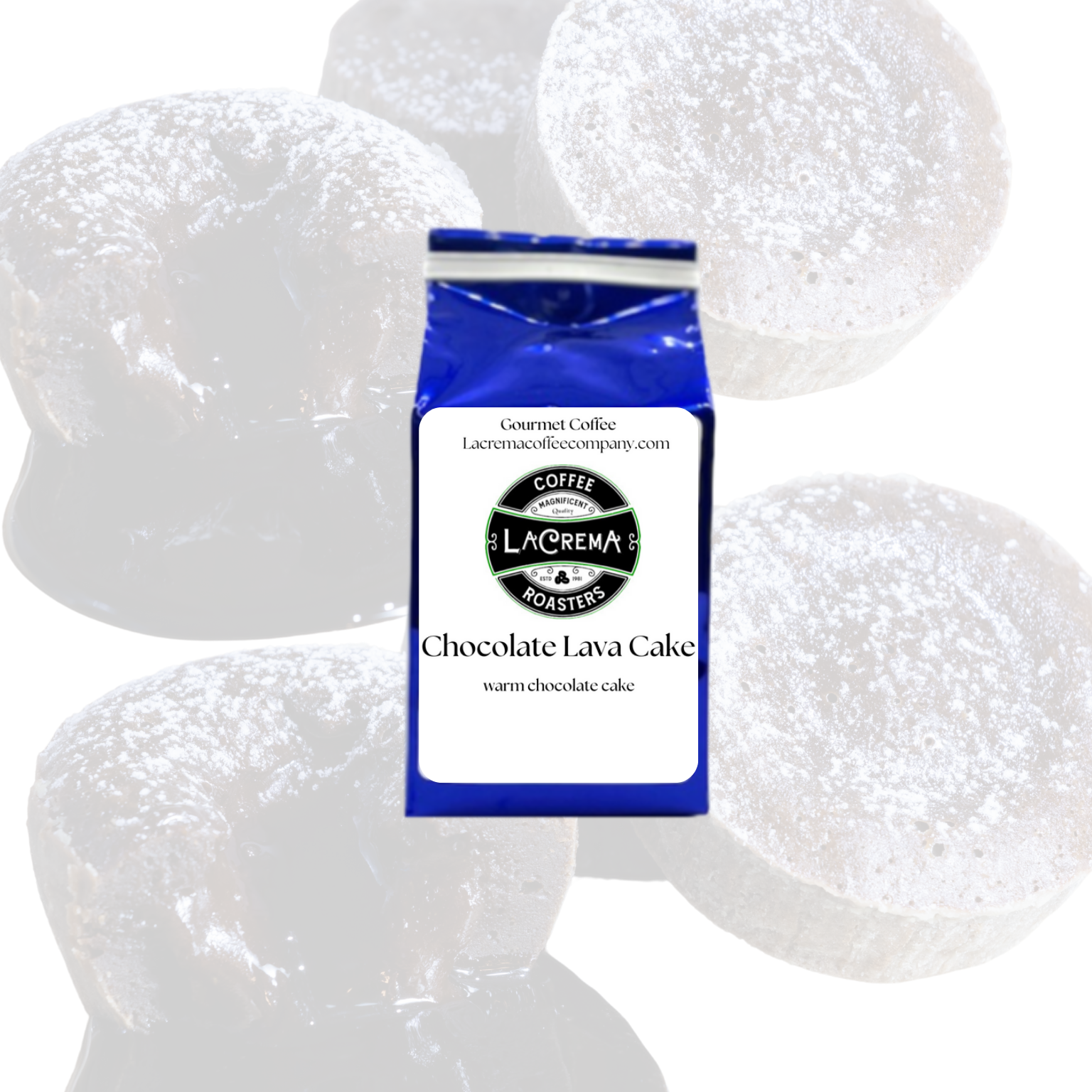 LaCrema Coffee – bag of Chocolate Lava Cake flavored ground coffee, a rich, indulgent dessert coffee available in regular and decaf