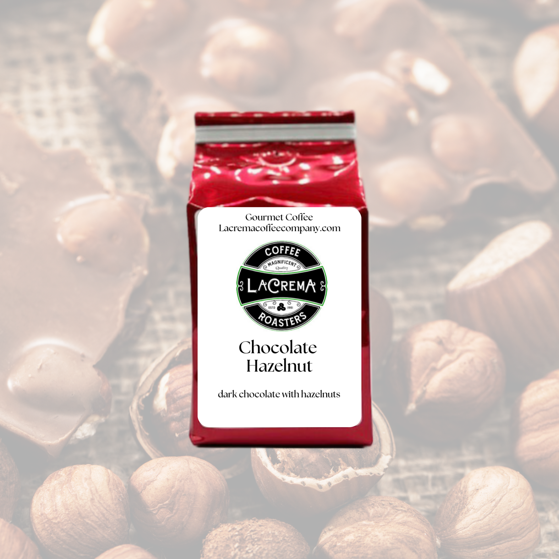 Chocolate Hazelnut flavored coffee – smooth, rich, and nutty with notes of cocoa and roasted hazelnut. Vegan, sugar-free, decaf available.