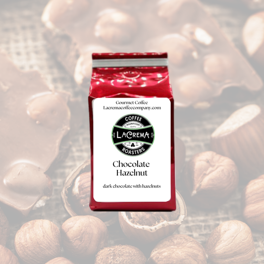 Chocolate Hazelnut flavored coffee – smooth, rich, and nutty with notes of cocoa and roasted hazelnut. Vegan, sugar-free, decaf available.