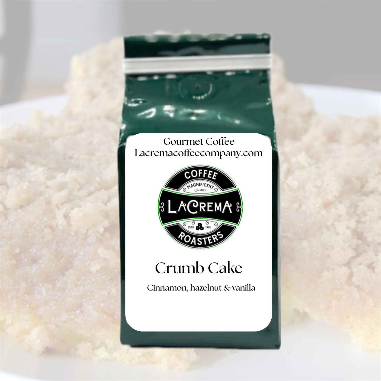 Crumb Cake flavored coffee – warm, sweet, and bakery-inspired with notes of cinnamon, brown sugar, and vanilla. Vegan, sugar-free, decaf available.