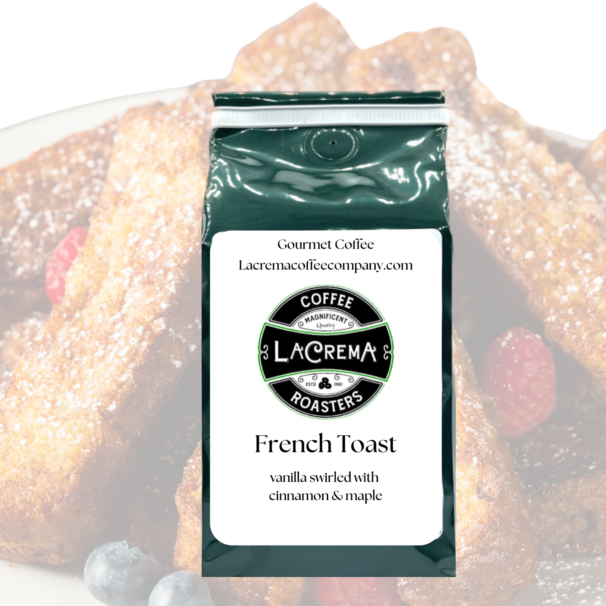 French Toast flavored coffee – warm, sweet, and cozy with notes of maple, cinnamon, and vanilla. Vegan, sugar-free, keto-friendly, decaf available.