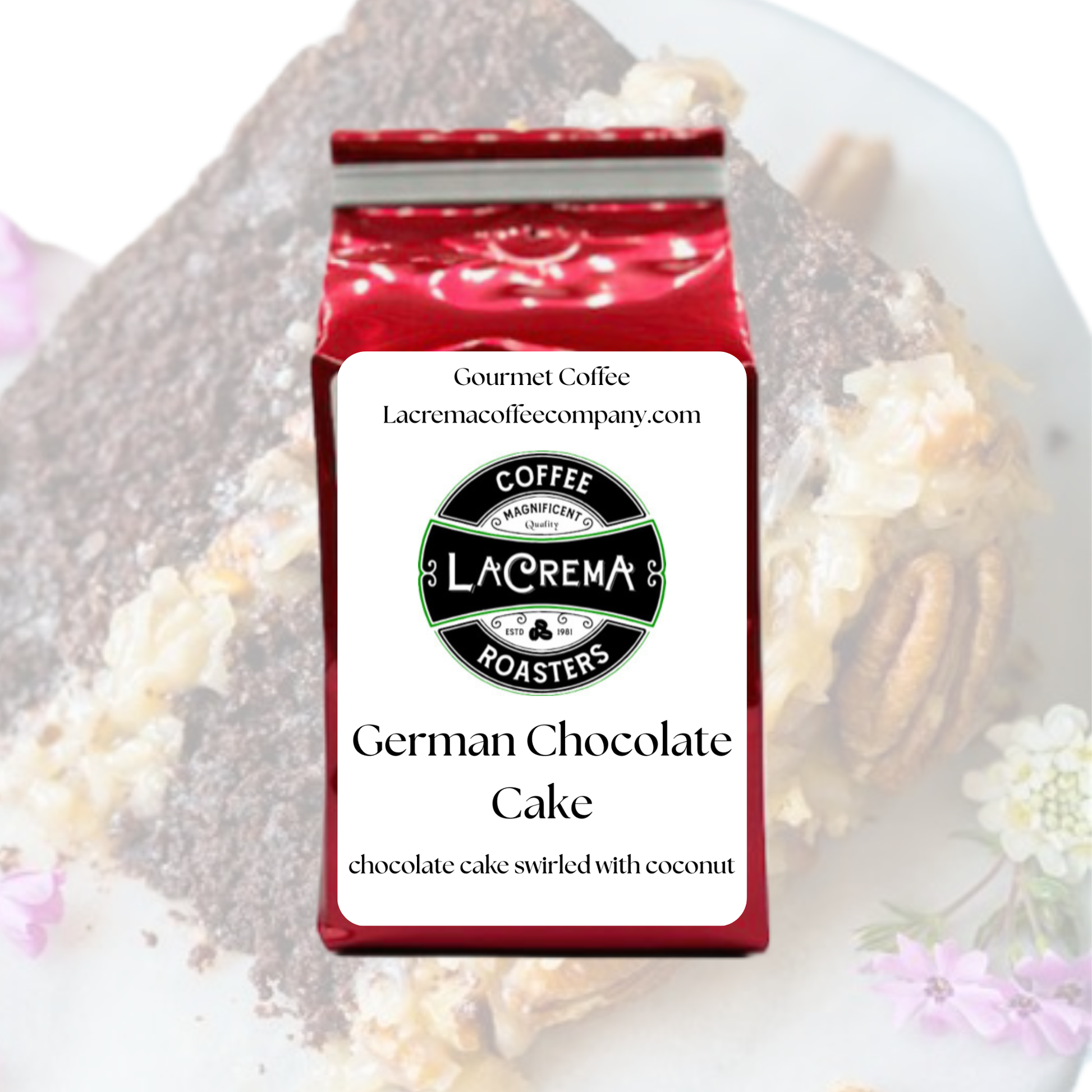 German Chocolate Cake flavored coffee – rich chocolate flavor with sweet coconut and pecan notes. Vegan, sugar-free, keto-friendly, decaf available.