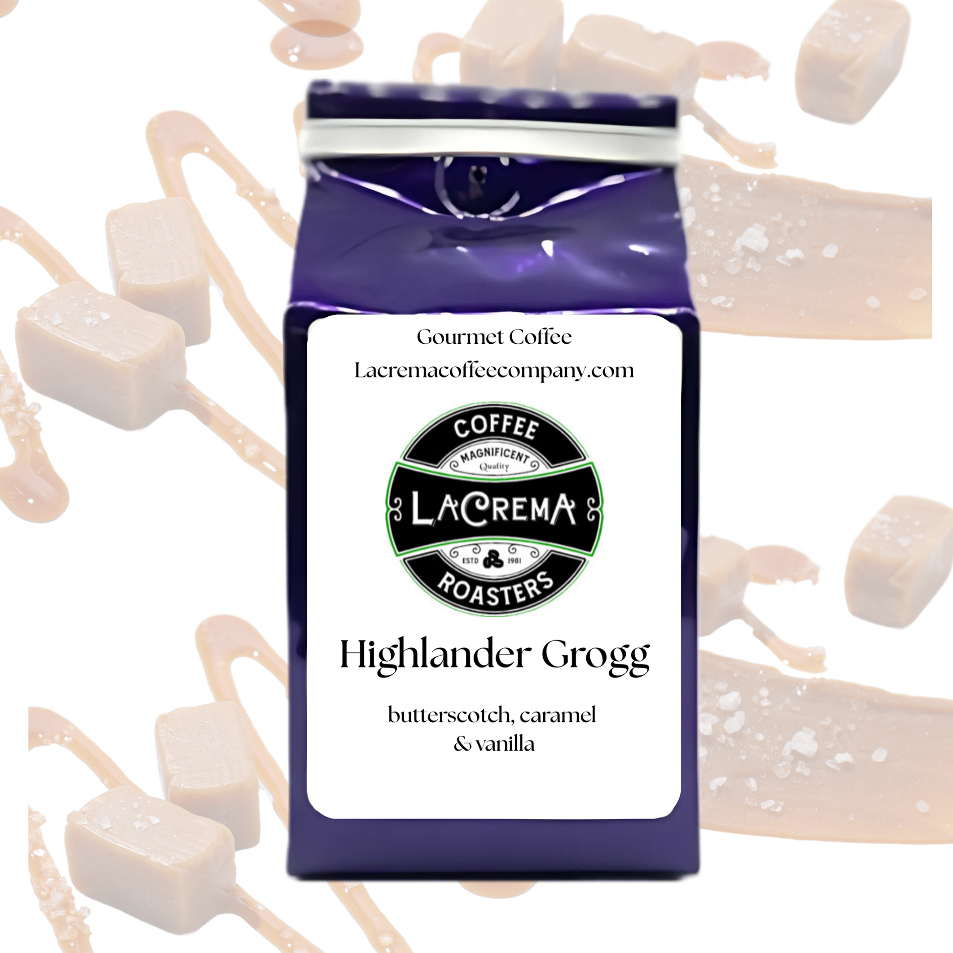 Highlander Grogg flavored coffee – bold, buttery, and smooth with notes of caramel, butterscotch, and vanilla. Vegan, sugar-free, decaf available.