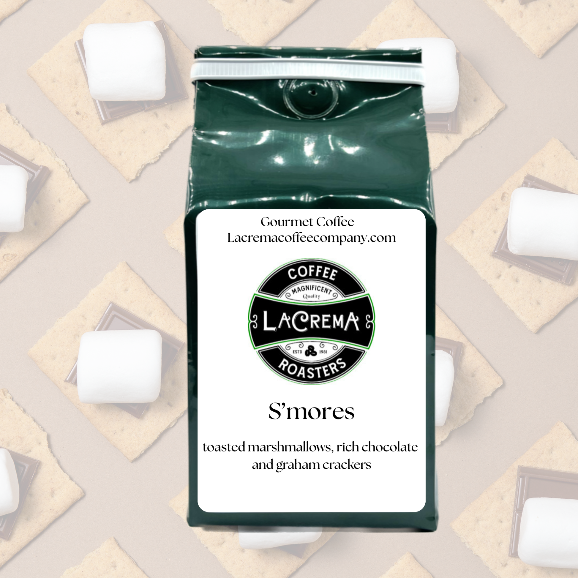 S'mores flavored coffee – rich, toasty, and sweet with notes of chocolate, graham cracker, and marshmallow. 