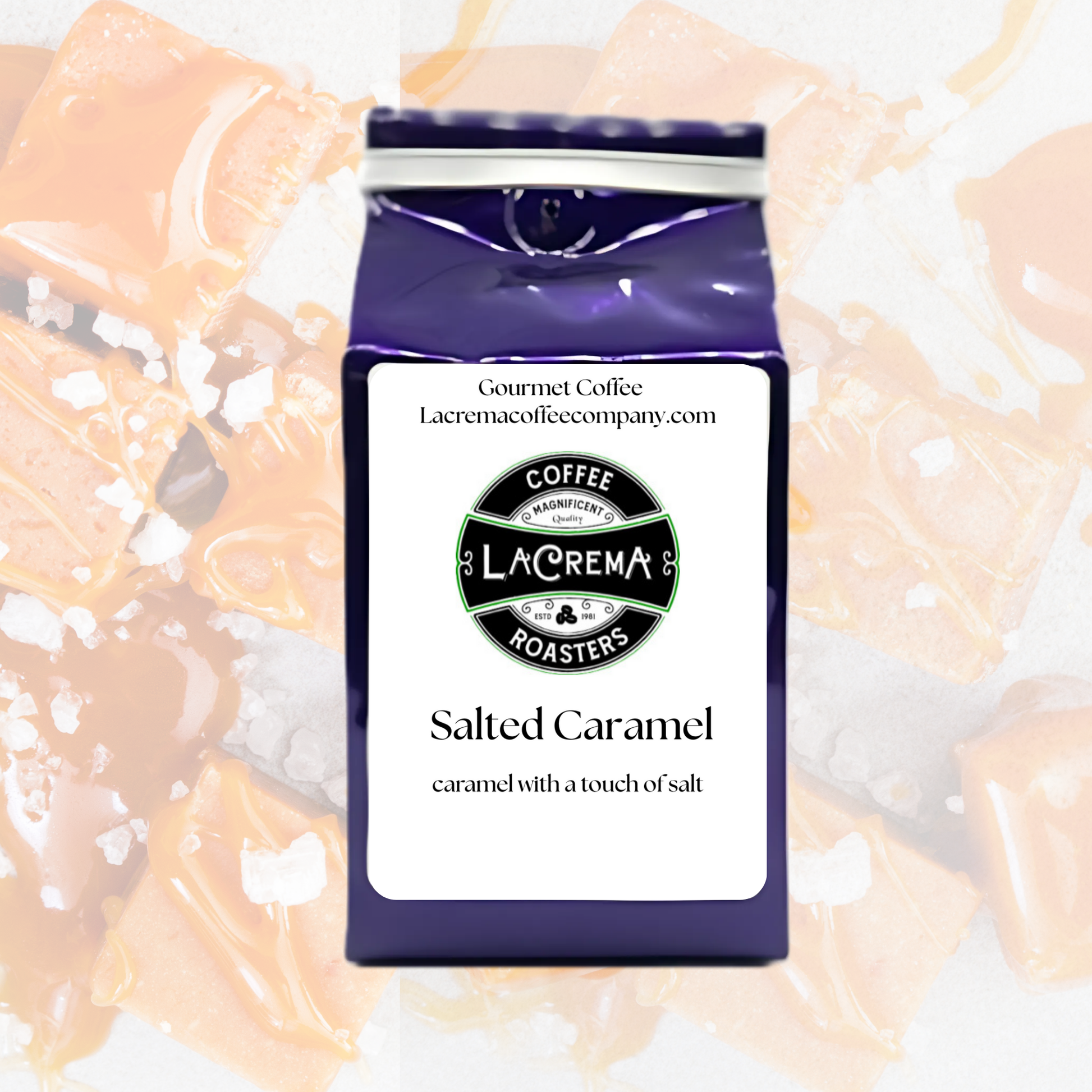 Salted Caramel flavored coffee – smooth, sweet, and lightly salty with rich caramel flavor. Vegan, sugar-free, keto-friendly, decaf available.